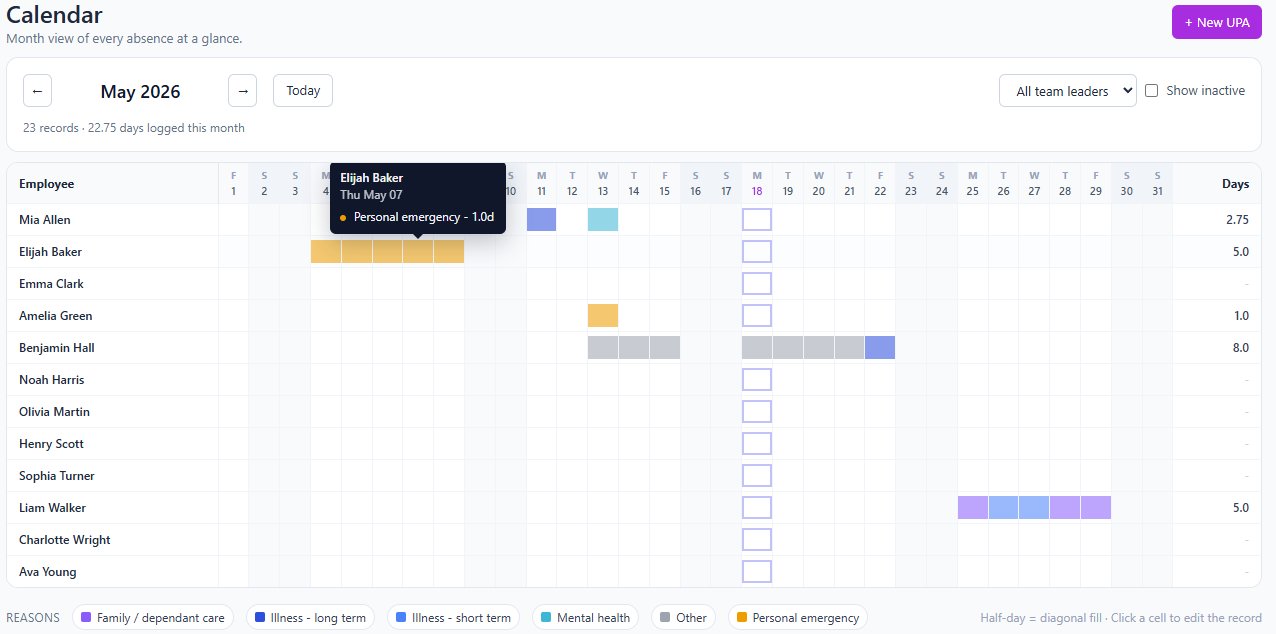Calendar month view showing each employee's absences with a hover tooltip