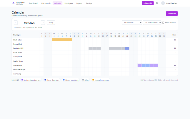 Calendar month view showing each employee's absences with hover details